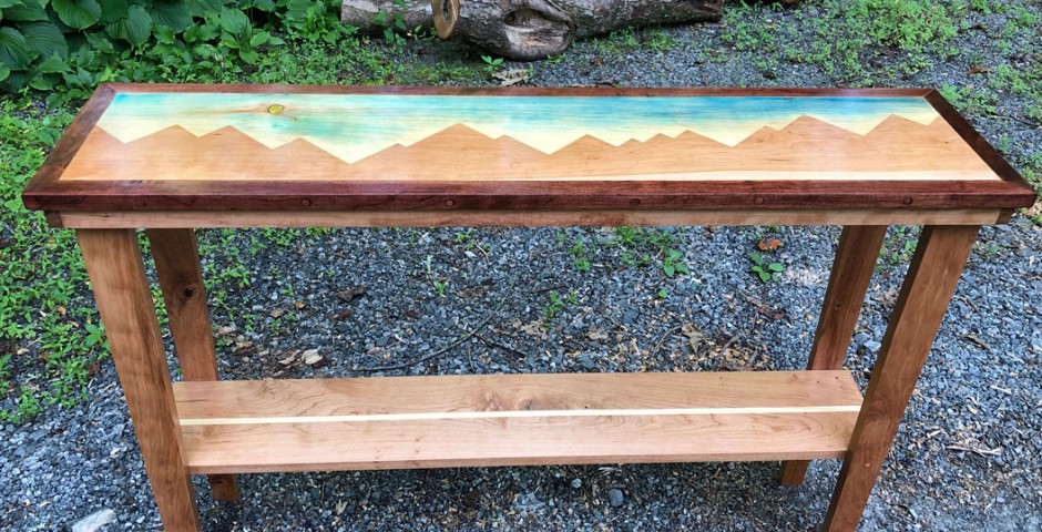 Cherry and Pine inlay mountain scene side table