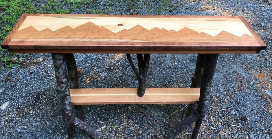 Cherry and Pine inlay mountain scene live legs