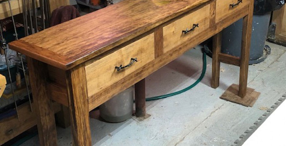 Pine side table, three drawers