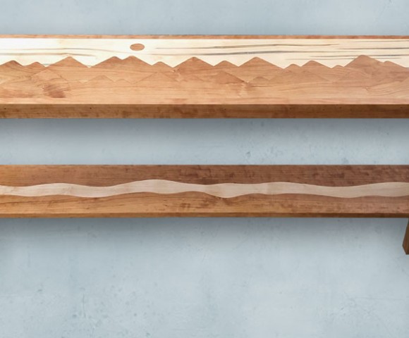 Mountain and river inlay pine on cherry table