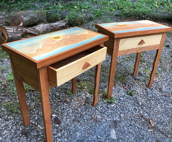 Cherry side tables, colored tops